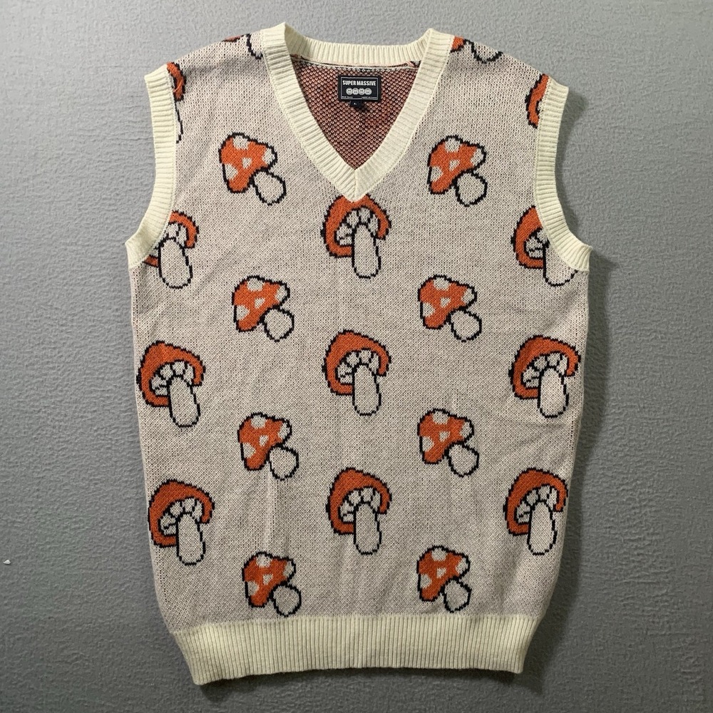Mushroom Print Sweater Vest Super Massive Brand Orange Beige Sz L. Acrylic